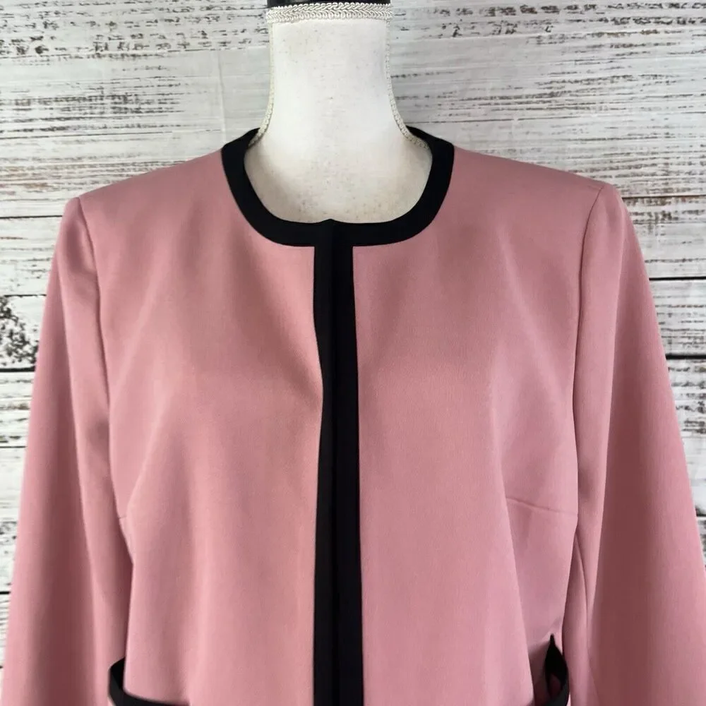 Nine West Blazer Jacket Mauve Pink Black Open Front Career Professional Church